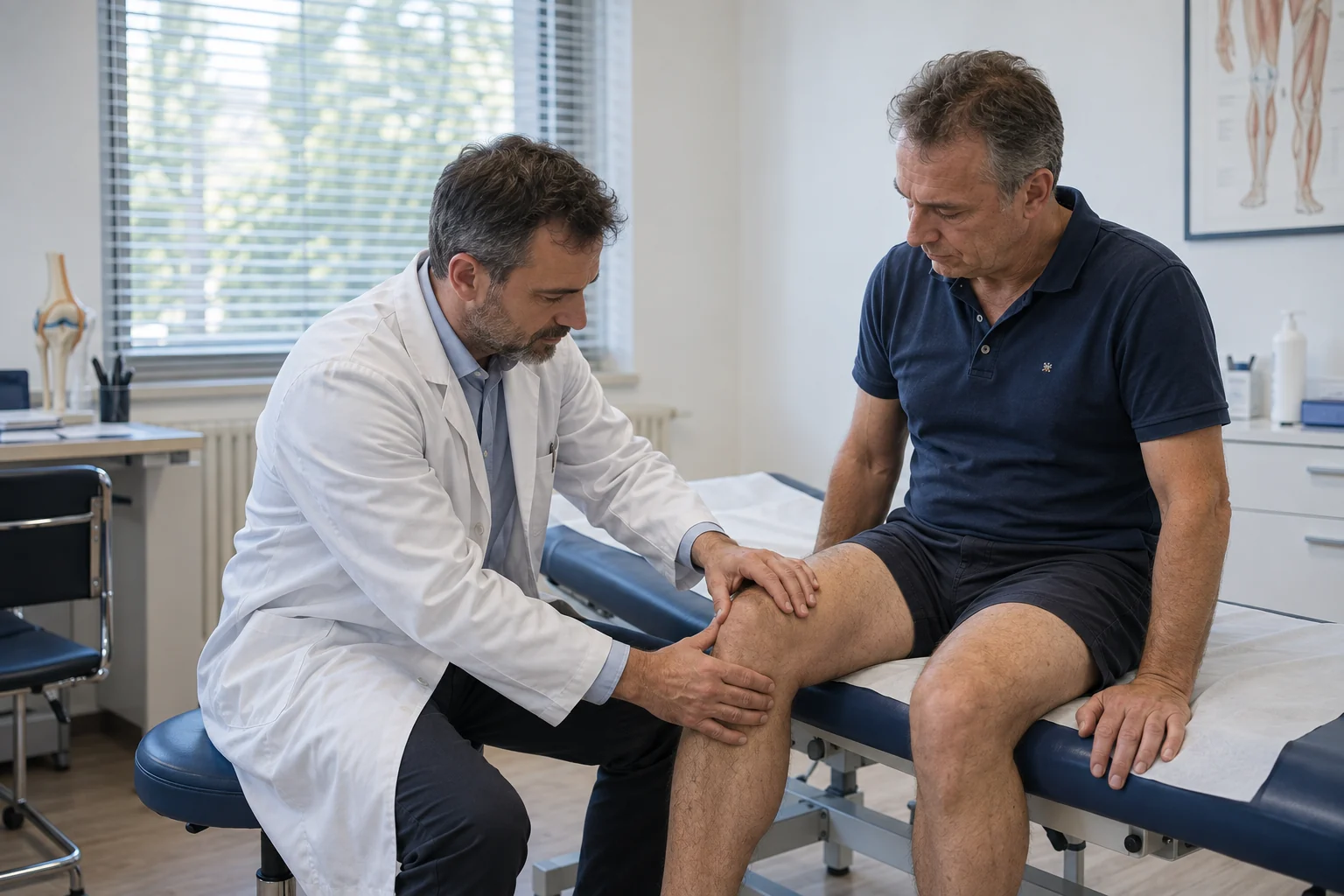 Scena illustrativa generata: un medico esamina il ginocchio di un paziente